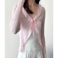Amulet/アミュレット Amulet フリルボレロカーディガン レディース 韓国 羽織り 春夏 上品 エレガント 大人 可愛い カジュアル 着回し 透け感 リボン トップ/508217476