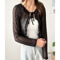 Amulet/アミュレット Amulet ショートレースカーディガン レディース 韓国 カジュアル フリル レース 透け感 リボン かわいい おしゃれ クロップド丈 長袖 ト/508217480