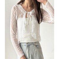 Amulet/アミュレット Amulet ショートレースカーディガン レディース 韓国 カジュアル フリル レース 透け感 リボン かわいい おしゃれ クロップド丈 長袖 ト/508217480
