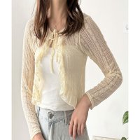 Amulet/アミュレット Amulet ショートレースカーディガン レディース 韓国 カジュアル フリル レース 透け感 リボン かわいい おしゃれ クロップド丈 長袖 ト/508217480