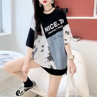 Belle Cie/ベルシー Belle Cie Tシャツ トップス 半袖 ロゴ デニム ユニーク 個性派 夏服 レディース 韓国ファッション ストリート デザインT パッチワーク/508218146