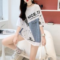 Belle Cie/ベルシー Belle Cie Tシャツ トップス 半袖 ロゴ デニム ユニーク 個性派 夏服 レディース 韓国ファッション ストリート デザインT パッチワーク/508218146