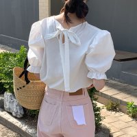 shoppinggo/ショッピングゴー shoppinggo ブラウス バックリボン シャツ トップス きれいめ 半袖 鎖骨見せ スキッパーブラウス 洗えるレディース フリル袖 おし/508227803