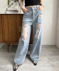 Jewelobe/ジュエローブ Jewelobe レースカバードダメージワイドデニムパンツ/508235028
