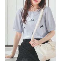 Honeys/ハニーズ Honeys リボン付トップス トップス カットソー 半袖 リボン付き ふんわり袖 ボートネック ストレッチ 綿混 テレコ素材 ガーリー 夏 白 レデ/508235797