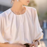 shoppinggo/ショッピングゴー shoppinggo シャツ キーネック フロントタック ノーカラー ブラウストップス 7分袖 お尻が隠れる 体型カバー 立体感 薄手 無地 /508236082