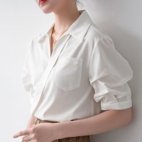 shoppinggo/ショッピングゴー shoppinggo Vネック シャツ ブラウス スキッパーブラウス オフィスカジュアル 半袖 ブラウス 可愛い 洗える おしゃれ 韓国風 フ/508237484