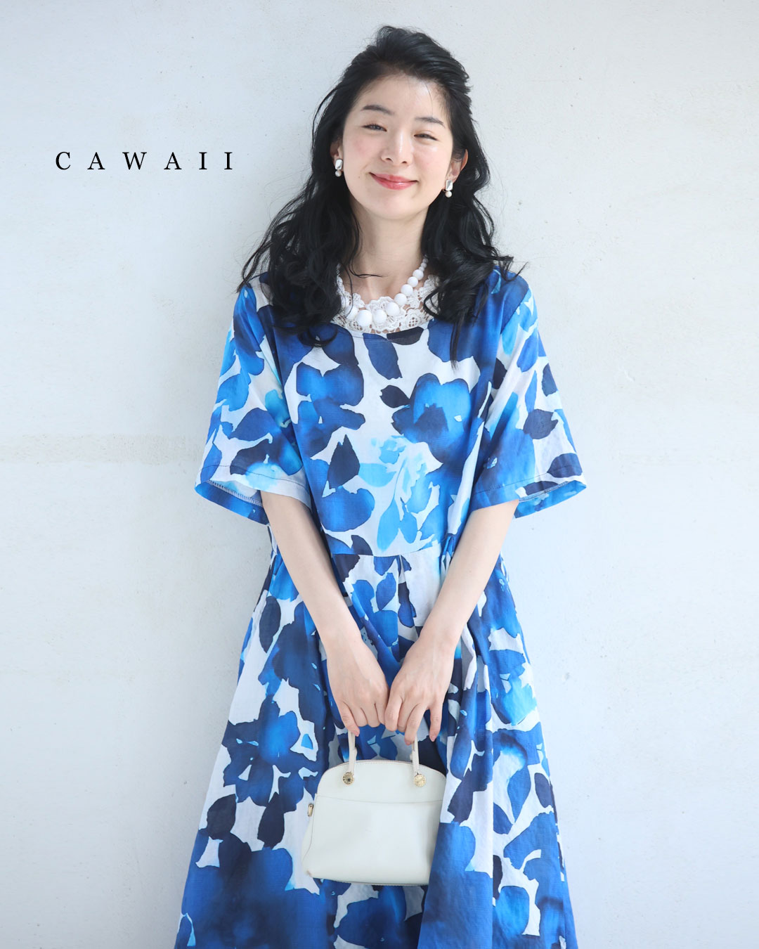 カワイイ CAWAII さらり涼しい青い花咲くAラインミディアム