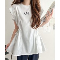 Classical Elf/クラシカルエルフ Classical Elf 1枚でサマになる。ロゴフロッキープリント異素材ドッキングペプラムショートフレンチスリーブカットソー/508240045