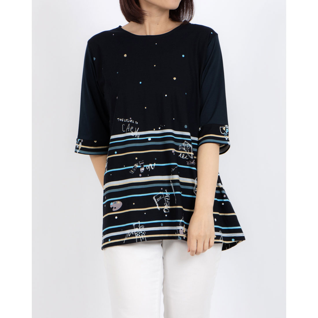 tシャツ BRODIAEA カラフルライン×イラストプリント半袖カットソー「日本製」 レディース ブローディア BRODIAEA カラフルライン×イラストプリント半袖