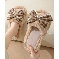 Lace Ladies/レースレディース Lace Ladies チェック柄 リボン ファー オープン スリッパ ルームシューズ/508241693