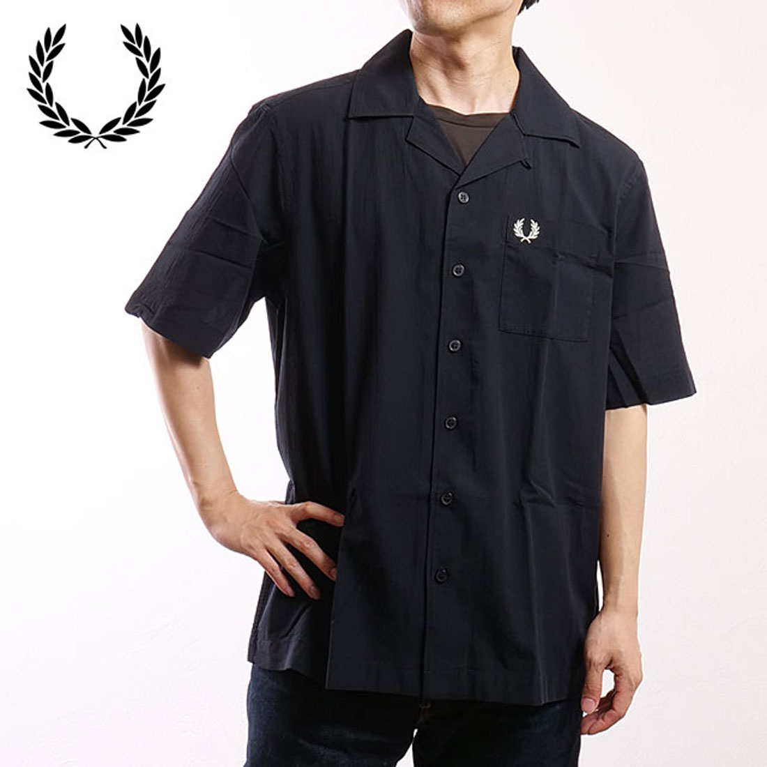 FRED PERRY フレッドペリー 半袖カーディガン 半袖シャツ ネイビー M