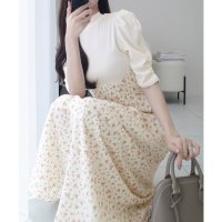Classical Elf/クラシカルエルフ Classical Elf 【mily bilet】一枚で主役級。後ろシアーリボン花柄ドッキング袖ギャザーワンピース（ロング丈）/508265293