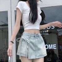 Belle Cie/ベルシー Belle Cie ショートパンツ ボトムス デニムパンツ スカート見え アシメ 夏 レディース 韓国ファッション サイドリボン ユーズド感 ビンテー/508268076
