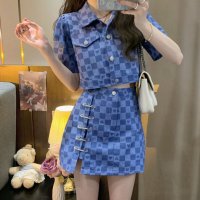 Belle Cie/ベルシー Belle Cie セットアップ スカート ジャケット 半袖 チェック ショート丈 夏 レディース クロップド 韓国ファッション 上下セット ブロック/508268078