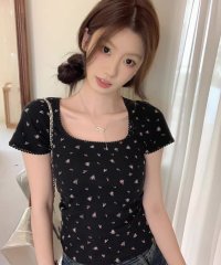 shopnikoniko/ショップニコニコ ShopNikoNiko 小花柄プリント レーストリム スリムTシャツ ma 【即納】韓国カジュアル 韓国ガーリー フレンチガーリー バレエコ/508270946
