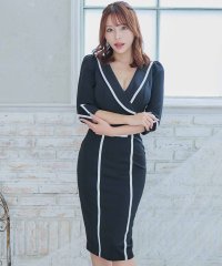 Tika/ティカ Tika キャバドレス [Anella/アネラ] 袖あり 七分袖 バイカラー カシュクール ウエストベルト タイト 膝丈ドレス (Sサイズ～Lサイズ)/508275461