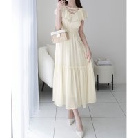Classical Elf/クラシカルエルフ Classical Elf 【mily bilet】今季上品に大活躍♪クロスデザイン楊柳使いフリル襟ワンピース/508275819