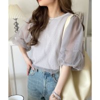 Classical Elf/クラシカルエルフ Classical Elf 華やかで上品。ランタンスリーブチュール重ねジャガードプルオーバー（半袖）/508276786