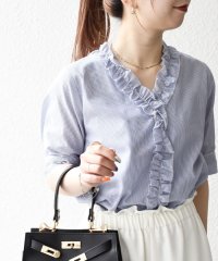 SHIPS any WOMEN/SHIPS any:〈手洗い可能〉ストライプ フリル Vネック ハーフスリーブ ブラウス/508277790
