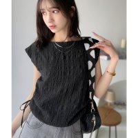 Classical Elf/クラシカルエルフ Classical Elf ポコポコ質感が涼しげ、夏の相棒トップス。ボートネックノースリーブサイドドロストリボンポコポコトップス/508279249