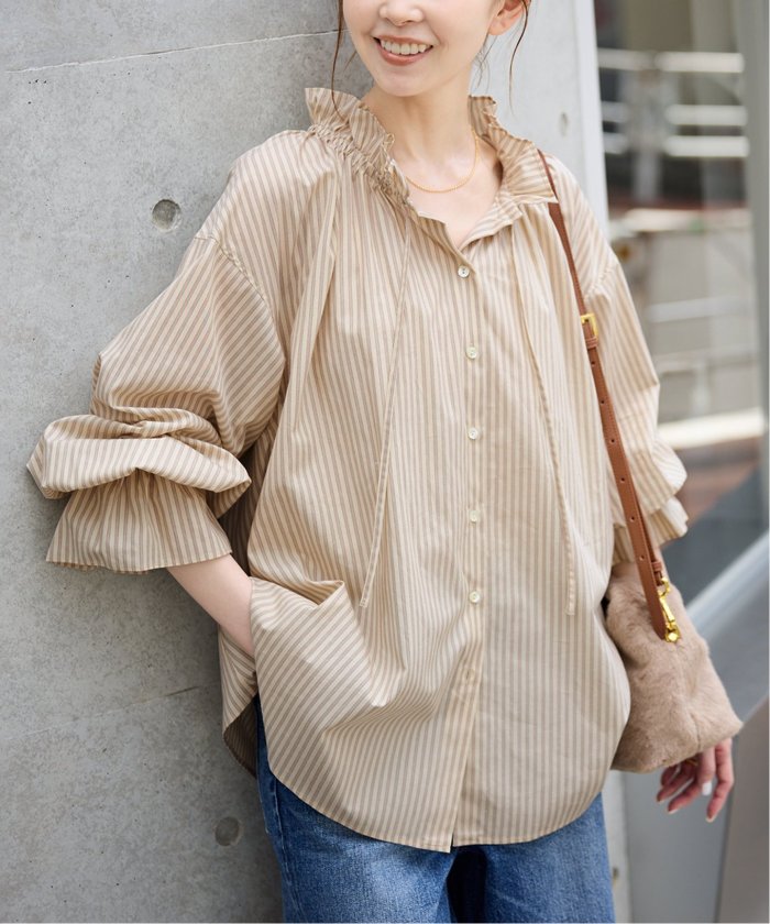 【IENA】ベージュ Vネックコットンニット &ストライプシャツ イエナ(IENA) | シャツ・ブラウス/トップス/ベージュの通販 - d