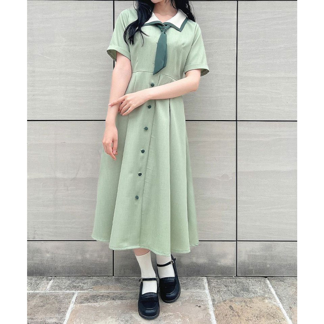 Fi.n.t フィント スカーフタイ付きバイカラーワンピース ライトグリーン フィント F i.n.t 【洗える】スカーフタイ付きバイカラー