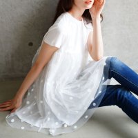 Sawa a la mode/サワアラモード Sawa a la mode 異素材チュールドットフレア切り替えチュニック/508281054