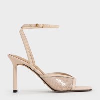 CHARLES & KEITH/レザー&メッシュ スパンコールアンクルストラップヒールサンダル/508282963