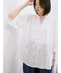 Samansa Mos2 blue/【Made in India】タッセル付ギャザーレースブラウス/508284875