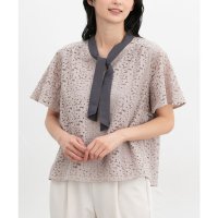 Honeys/ハニーズ Honeys レースボウタイトップス トップス カットソー 半袖 オフィス きれいめ ボウタイトップス ボウタイ レース 花柄レース フレア袖 レディ/508285011