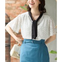 Honeys/ハニーズ Honeys レースボウタイトップス トップス カットソー 半袖 オフィス きれいめ ボウタイトップス ボウタイ レース 花柄レース フレア袖 レディ/508285011