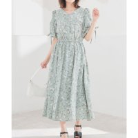 Honeys/ハニーズ Honeys 袖ドロストワンピース ワンピース 半袖 ロング丈 大きいサイズ 袖ドロスト ドロスト Vネック 花柄 水玉柄 ウエストゴム 裏地付き レ/508285013