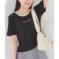 Honeys/ハニーズ Honeys レース付ロゴトップス トップス カットソー 半袖 Tシャツ 半袖Tシャツ レース ロゴ 刺繍 綿混 ストレッチ テレコ素材 短め丈 レデ/508285015