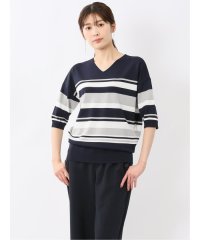 m.f.editorial/エムエフエディトリアル m.f.editorial 快適機能 ボーダー Vネック 半袖ニット/508286118