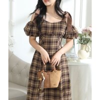 Lace Ladies/レースレディース Lace Ladies タータンチェック 肩リボン オフショル ロング ワンピース/508286456