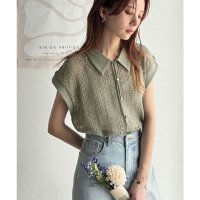 Classical Elf/クラシカルエルフ Classical Elf 品の良さ漂う、大人カジュアル。クロシェ風レース素材衿付きフレンチスリーブシャツブラウス/508291080