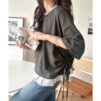 Classical Elf/クラシカルエルフ Classical Elf 体型カバーも叶う！重ね着風で即こなれ感♪ レイヤード風サイドドロスト 綿100％レースビッグTシャツ/508291081