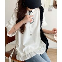 Classical Elf/クラシカルエルフ Classical Elf 体型カバーも叶う！重ね着風で即こなれ感♪ レイヤード風サイドドロスト 綿100％レースビッグTシャツ/508291081