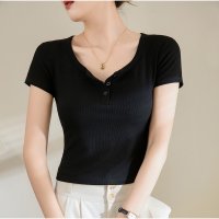 And Kawaii/アンドカワイイ And Kawaii リブフィット半袖Tシャツ 前ボタン付き 韓国風/508292766