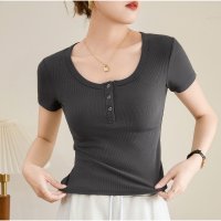 And Kawaii/アンドカワイイ And Kawaii リブフィット半袖Tシャツ 前ボタン付き 韓国風/508292766