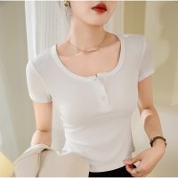 And Kawaii/アンドカワイイ And Kawaii リブフィット半袖Tシャツ 前ボタン付き 韓国風/508292766