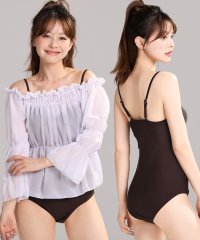 TeddyShop/テディショップ Teddyshop レディース水着 2WAY長袖オフショルシアートップス+ドレープ仕立てオールインワン水着 2点セット [大きいサイズ有] 【返/508293949