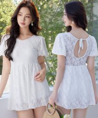 TeddyShop/テディショップ Teddyshop レディース水着 半袖パフスリーブバックリボンレースワンピ風オールインワン水着 [大きいサイズ有] 【返品不可商品】/508293950