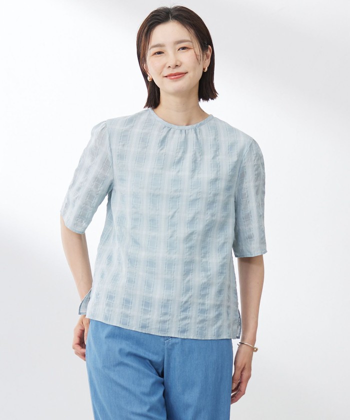 【洗える】SHEER チェック フレアスリーブ ブラウス 洗える】SHEER チェック フレアスリーブ ブラウス（シャツ
