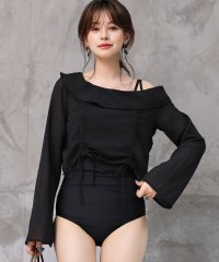 TeddyShop/テディショップ Teddyshop レディース水着 長袖シアーアシメリボントップス+ウエストギャザーオールインワン水着 2点セット 【返品不可商品】/508294358