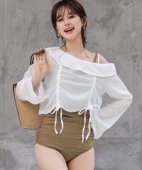 TeddyShop/テディショップ Teddyshop レディース水着 長袖シアーアシメリボントップス+ウエストギャザーオールインワン水着 2点セット 【返品不可商品】/508294358