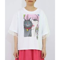 ScoLar/スカラー ScoLar ネコと女の子の自撮り柄 レース切替Tシャツ/508294566