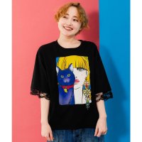 ScoLar/スカラー ScoLar ネコと女の子の自撮り柄 レース切替Tシャツ/508294566