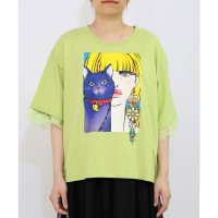 ScoLar/スカラー ScoLar ネコと女の子の自撮り柄 レース切替Tシャツ/508294566